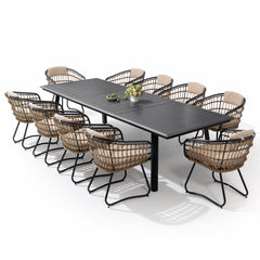 Crestlive 11-Piece Rectangular Outdoor Dining Set, 118" Aluminum Table with Umbrella Hole, Wicker Chairs with Removable Cushions, Beige