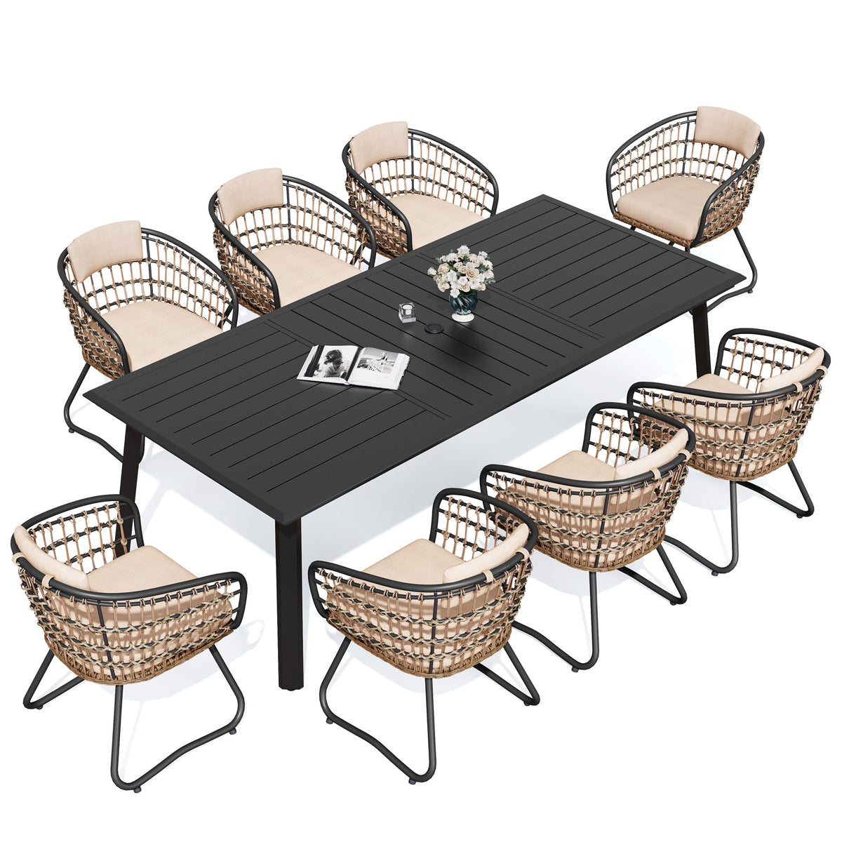 Crestlive 9-Piece Rectangular Outdoor Dining Set, 94" Aluminum Table with Umbrella Hole, Wicker Chairs with Removable Cushions,Beige