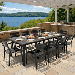 Crestlive Products 11-Piece Outdoor Dining Set, 94" All-Aluminum Rectangular Patio Table & 10 Stackable Armchairs, Patio Furniture with Umbrella Hole for Large Family Gatherings, BBQs, Parties, Black