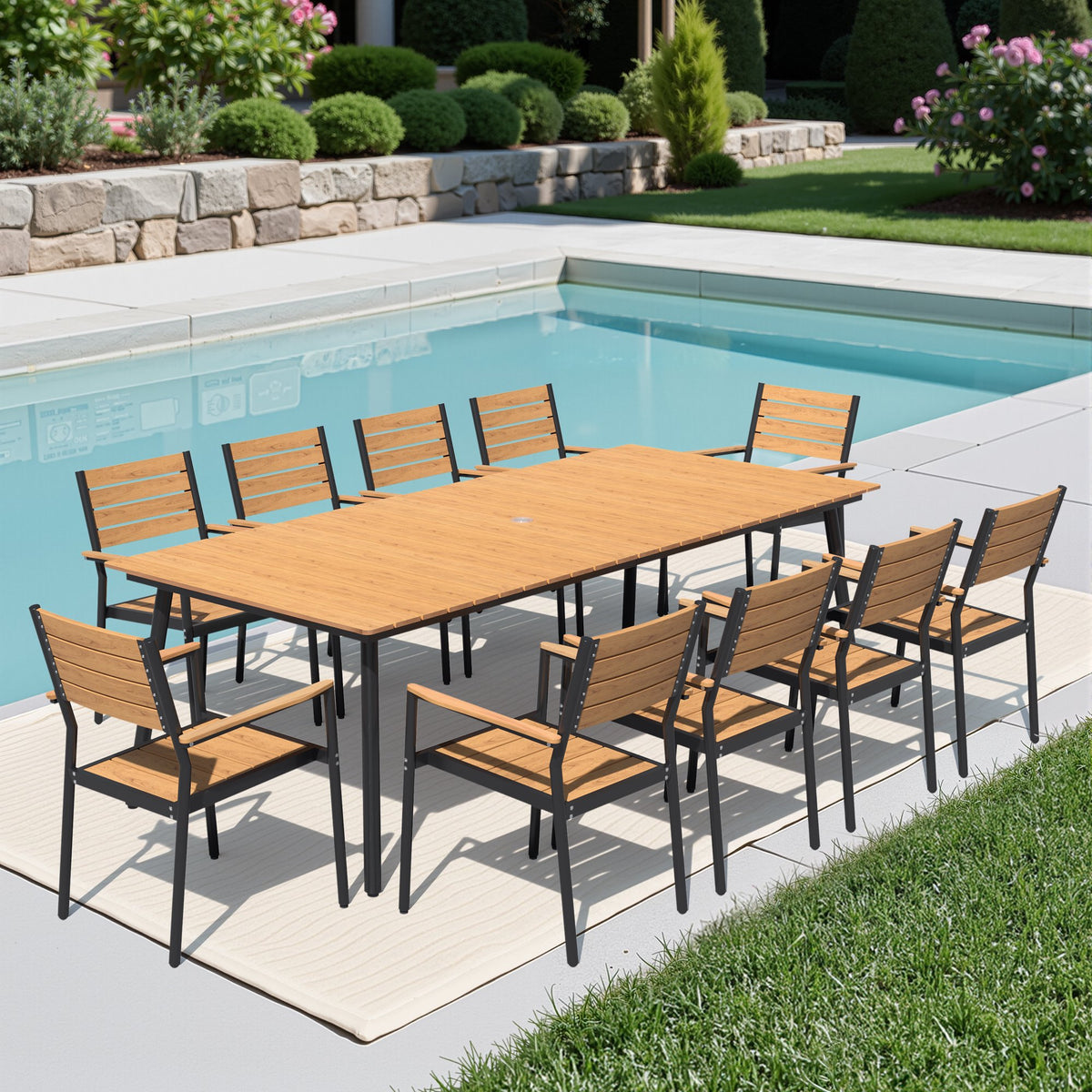 Crestlive Products 11-Piece Outdoor Dining Set for 10 Armrests Chairs with Umbrella Hole,Brown