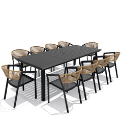 Crestlive Products 11-Piece Outdoor Dining Set for 10 with Stackable Wicker Chairs & Umbrella Hole, Brown