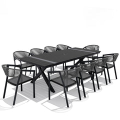 Crestlive Products 11-Piece Outdoor Dining Set for 8-10 with Stackable Wicker Chairs & Umbrella Hole, Black and Gray