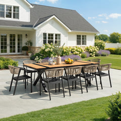 Crestlive Products 11-Piece Outdoor Dining Set for 8-10 with Stackable Wicker Chairs & Umbrella Hole, Brown