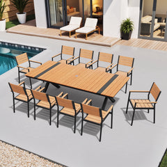 Crestlive Products 11-Piece Patio Outdoor Dining Set for 10, 94" Teak Wood-Grain Table with Umbrella Hole & Stackable Chairs with Armrest