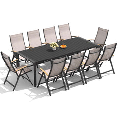 Crestlive Products 11-Piece Patio Dining Set, 94" Aluminum Outdoor Table with 10 Reclining Chairs for Garden Backyard Porch, Black and Espresso