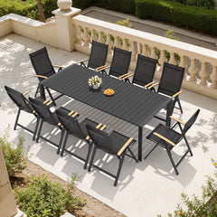 Crestlive Products 11-Piece Patio Dining Set, 95in Aluminum Outdoor Table with 10 Reclining Chairs for Garden Backyard Porch, Black