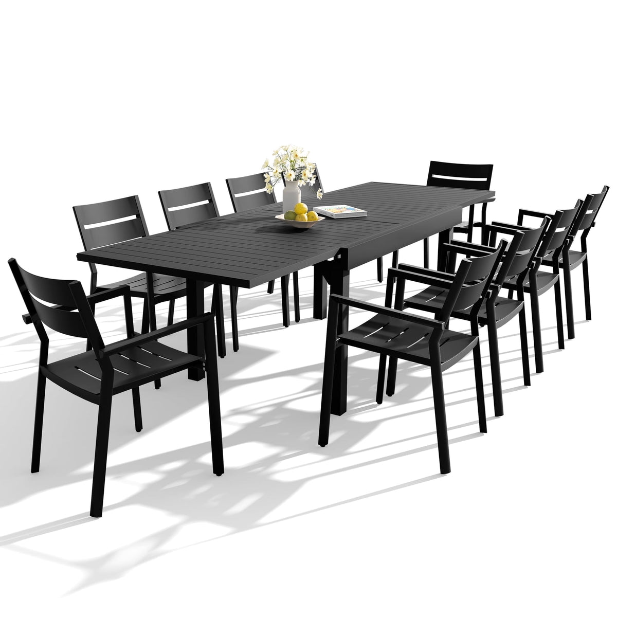 Crestlive Products 11-Piece Aluminum Patio Dining Set for 10, Outdoor Expandable Table and Stackable Chairs with Armrest, Black
