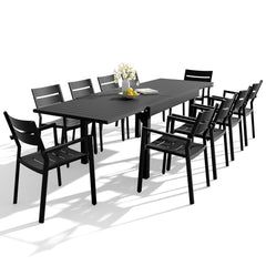 Crestlive Products 11-Piece Aluminum Patio Dining Set for 10, Outdoor Expandable Table and Stackable Chairs with Armrest, Black