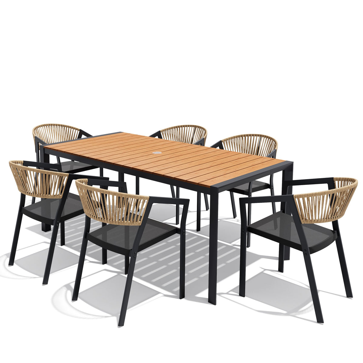 Crestlive Products 7-Piece 70 Inch Outdoor Dining Set for 6 with Stackable Chairs & Umbrella Hole, Brown
