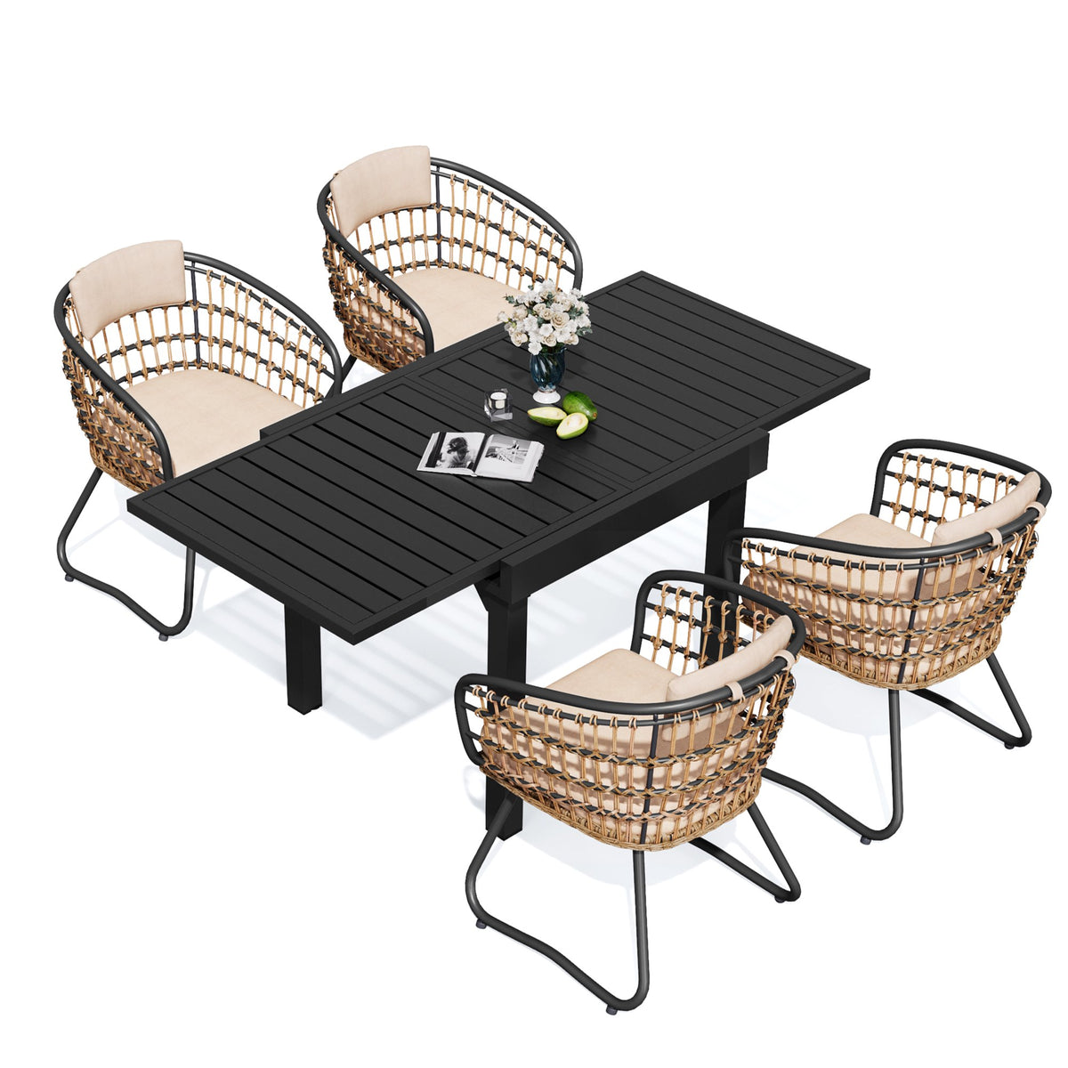 Crestlive Products 7-Piece Expandable Aluminum Outdoor Patio Dining Set, Wicker Chairs with Removable Cushions, Beige