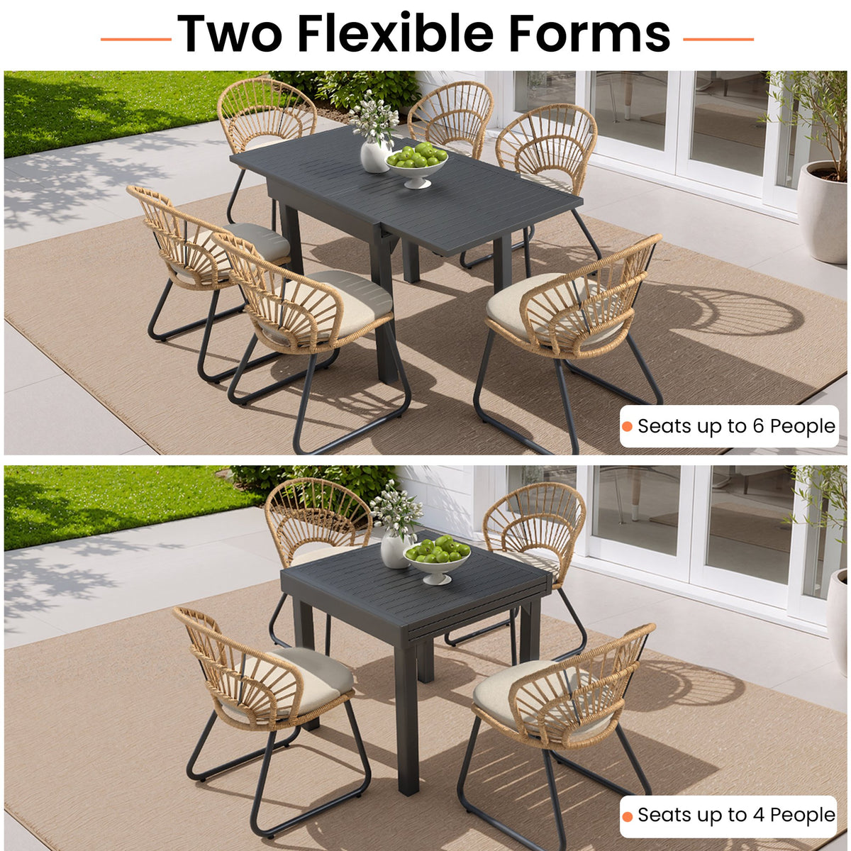 Crestlive Products 7-Piece Extendable Outdoor Dining Set, Wicker Chairs with Removable Cushions, Beige