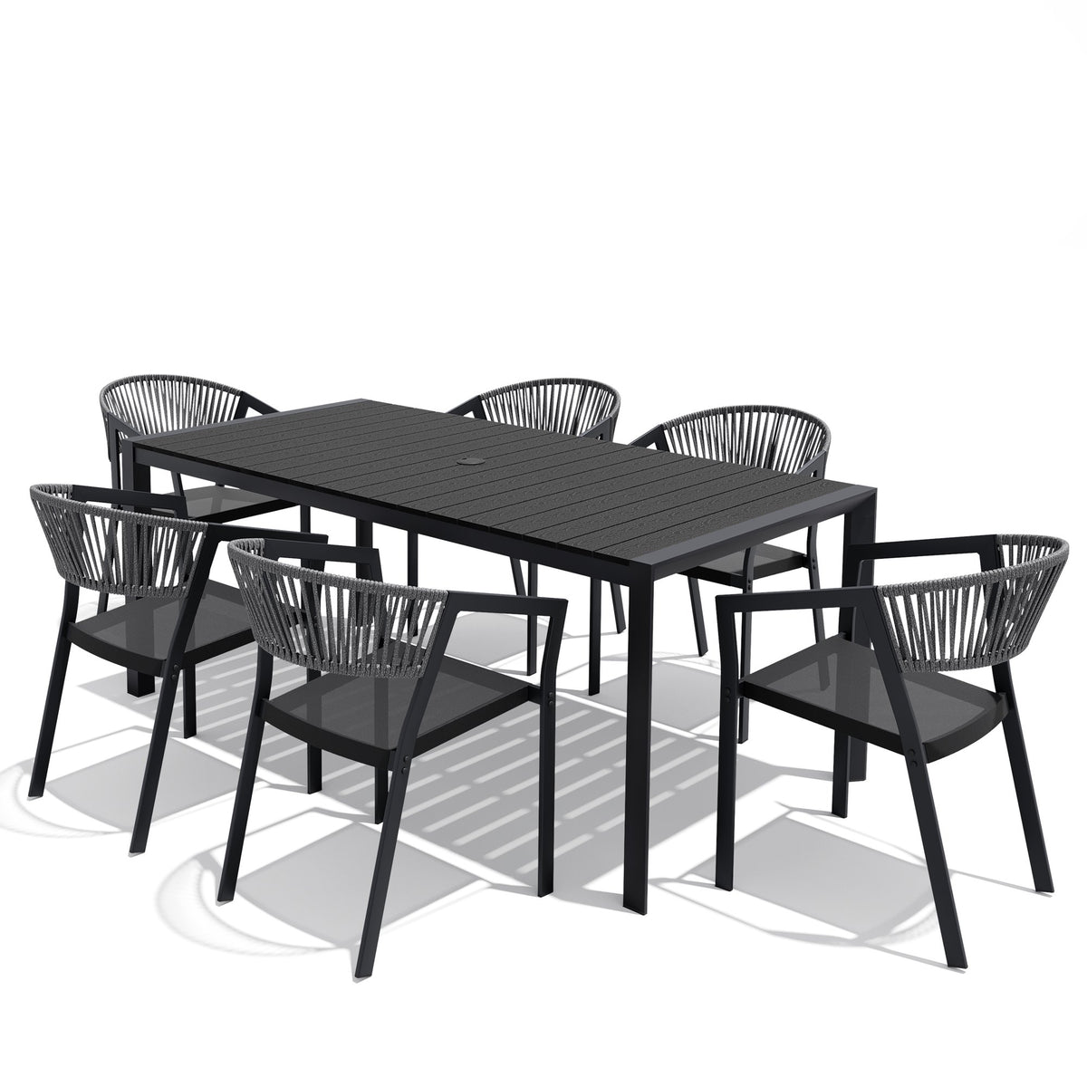 Crestlive Products 7-Piece70 Inch Outdoor Dining Set for 6 with Stackable Chairs & Umbrella Hole, Black and Gray