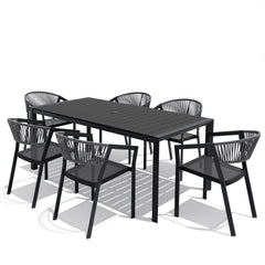 Crestlive Products 7-Piece70 Inch Outdoor Dining Set for 6 with Stackable Chairs & Umbrella Hole, Black and Gray