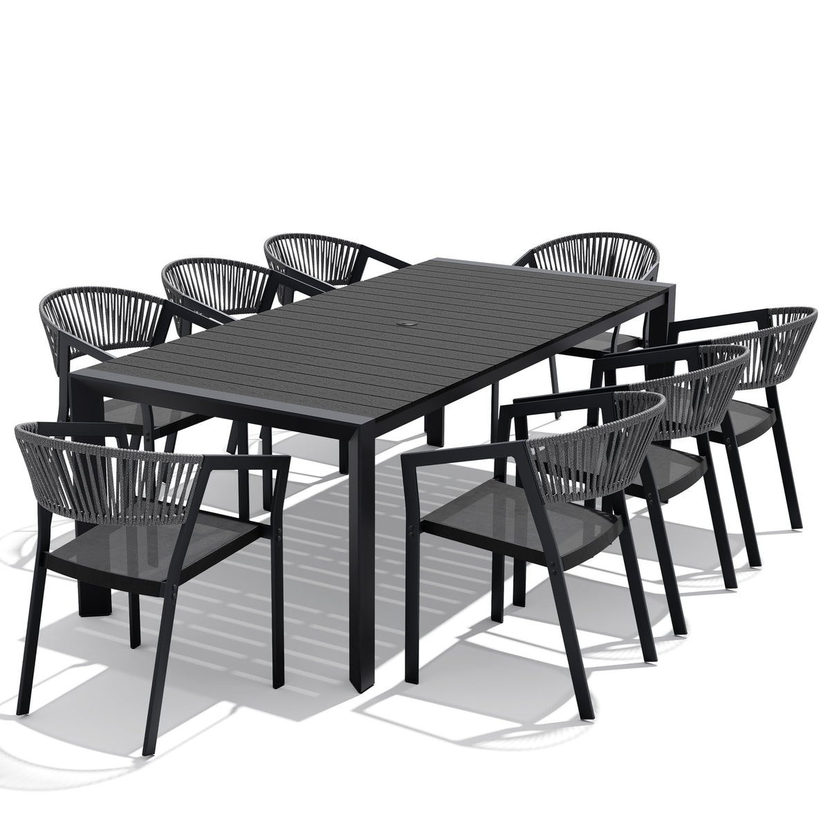 Crestlive Products 9-Piece 83 Inch Rectangular Outdoor Dining Set for 8 with Stackable Chairs & Umbrella Hole, Black and Gray