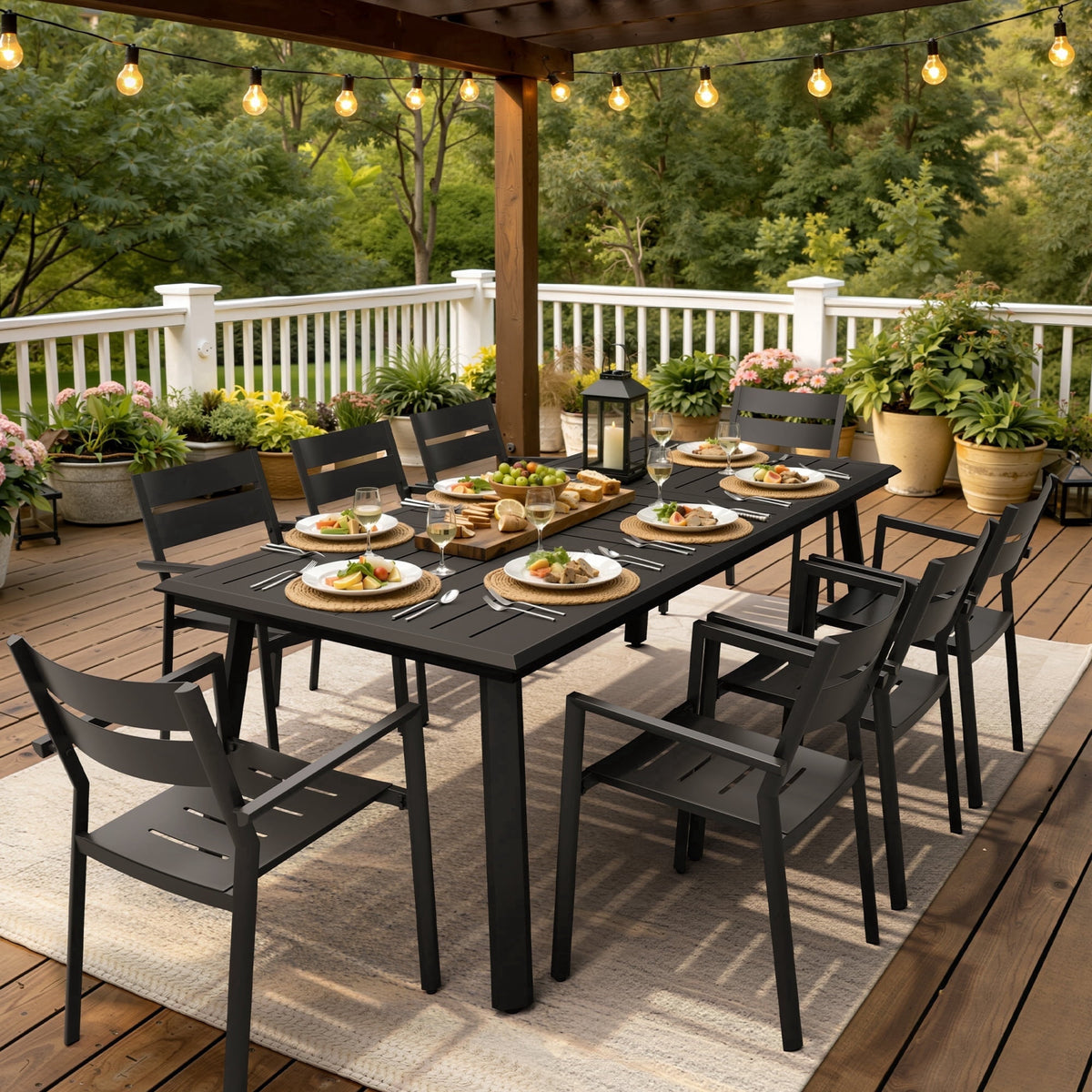 Crestlive Products 9-Piece Aluminum Outdoor Dining Set, 82" Large Rectangular Patio Table & 8 Stackable Armchairs Rust Proof Outdoor Furniture with Umbrella Hole for Lawn Garden Deck, Black