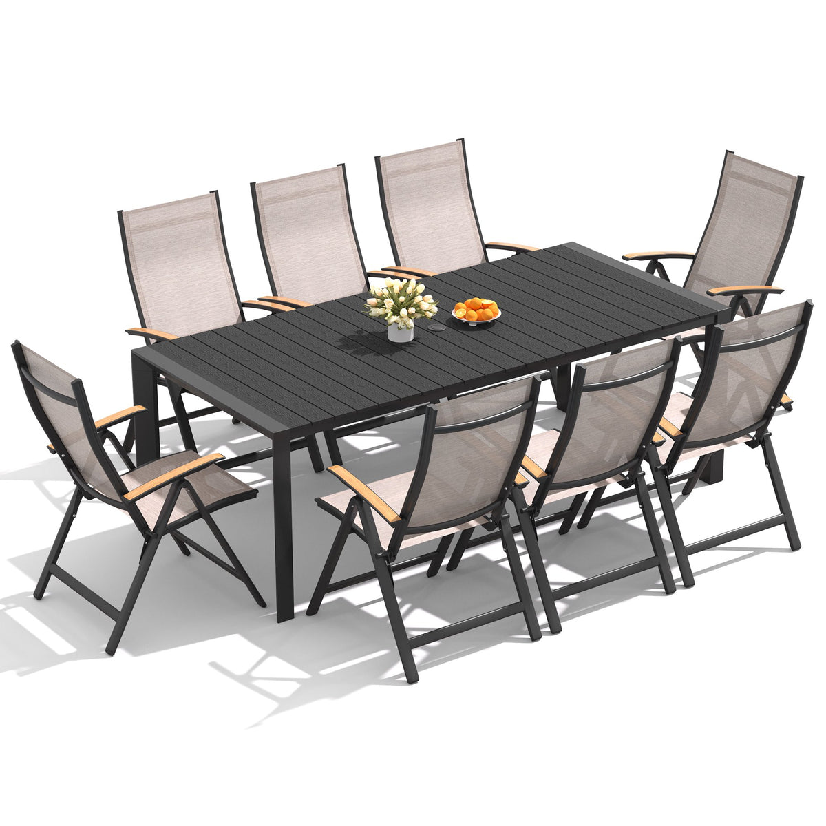 Crestlive Products 9-Piece Patio Dining Set, 83" Aluminum Outdoor Table with 8 Reclining Chairs for Garden Backyard Porch, Black and Espresso