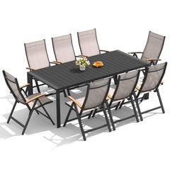 Crestlive Products 9-Piece Patio Dining Set, 83" Aluminum Outdoor Table with 8 Reclining Chairs for Garden Backyard Porch, Black and Espresso