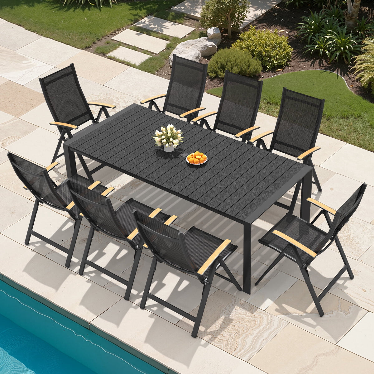 Crestlive Products 9-Piece Patio Dining Set, 83in Aluminum Outdoor Table with 8 Reclining Chairs for Garden Backyard Porch, Grey