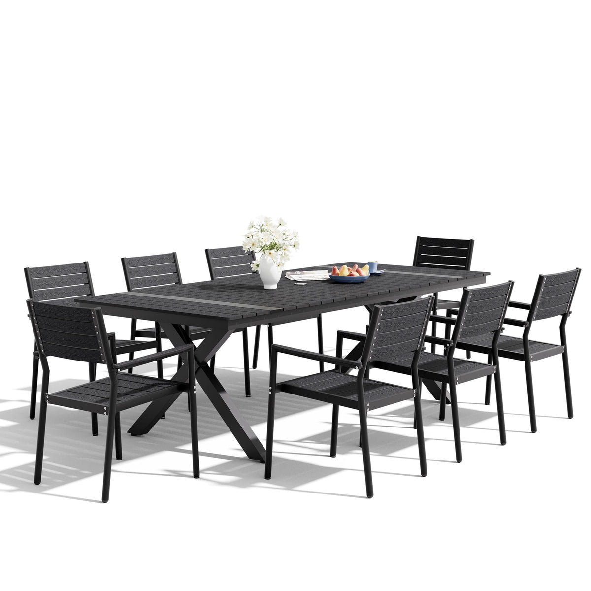 Crestlive Products 9-Piece Patio Outdoor Dining Set for 8, 94" Black Wood-Grain Table with Umbrella Hole & Stackable Chairs with Armrest