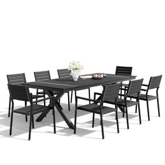 Crestlive Products 9-Piece Patio Outdoor Dining Set for 8, 94" Black Wood-Grain Table with Umbrella Hole & Stackable Chairs with Armrest