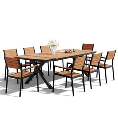 Crestlive Products 9-Piece Patio Outdoor Dining Set for 8, 94" Teak Wood-Grain Table with Umbrella Hole & Stackable Chairs with Armrest