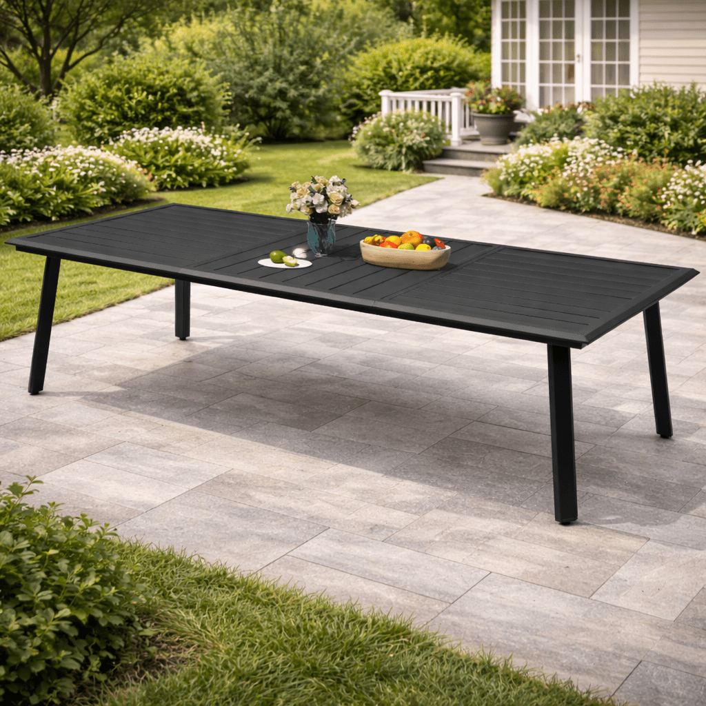 Crestlive Products 94" Outdoor Aluminum Patio Dining Table for 6-8 People with Umbrella Hole, Weather Resistant Outdoor Dining Table for Backyard, Patio, Garden, Black
