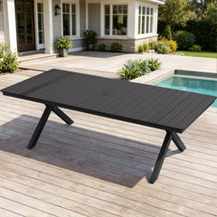 Crestlive Products 94" Outdoor Dining Table for 8-10, Aluminum Sturdy Frame with Umbrella Hole, Black Wood-Grain Top