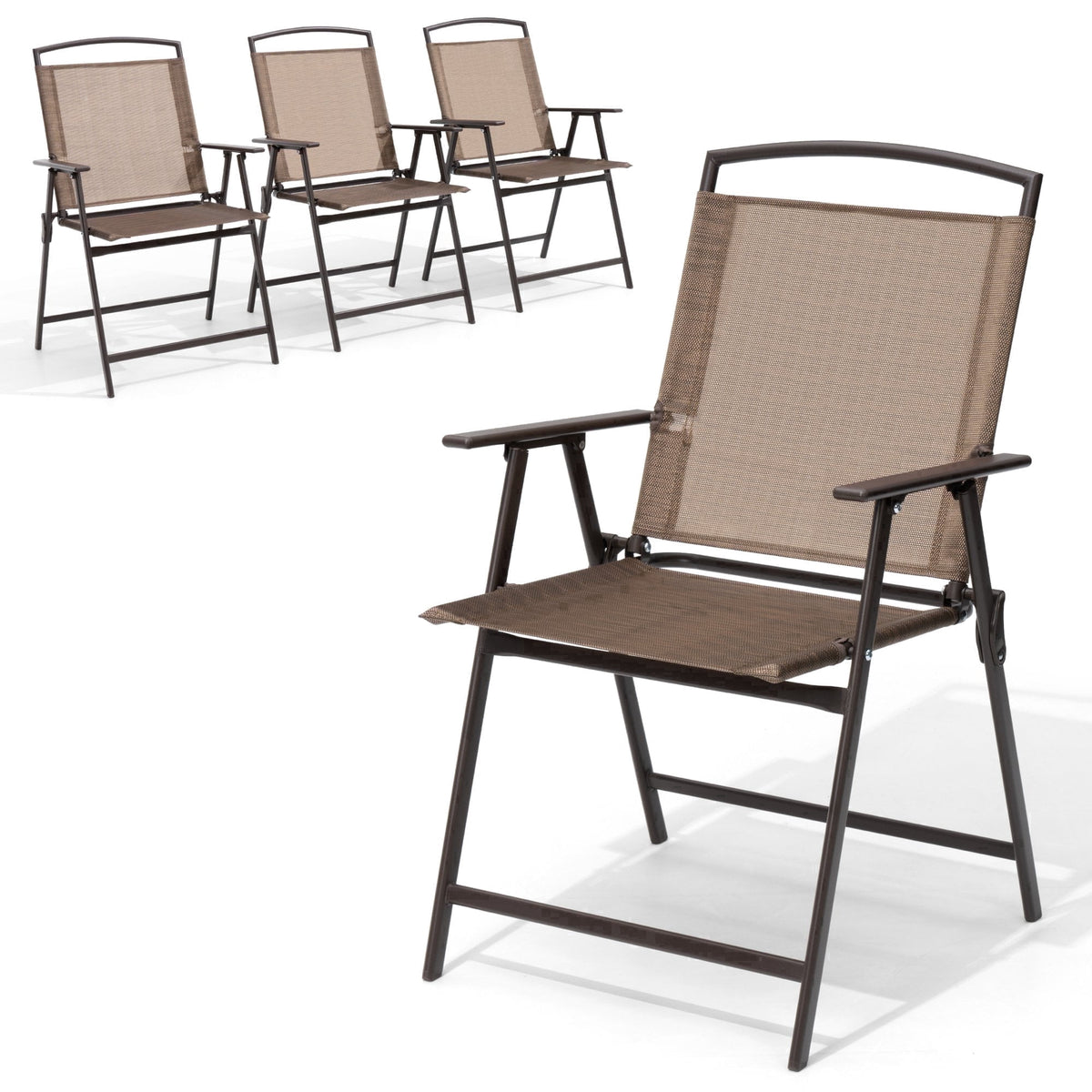 Crestlive Products Folding Patio Chair Set of 4, Portable Dining Chairs with Armrest, Outdoor Folding Chairs, Brown