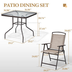5-Piece Square Patio Dining Set with Glass Table & Folding Chairs (w/ Umbrella Hole)
