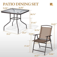 5-Piece Square Patio Dining Set with Glass Table & Folding Chairs (w/ Umbrella Hole)