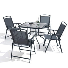 5-Piece Square Patio Dining Set with Glass Table & Folding Chairs (w/ Umbrella Hole)