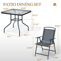 5-Piece Square Patio Dining Set with Glass Table & Folding Chairs (w/ Umbrella Hole)