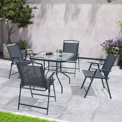 5-Piece Square Patio Dining Set with Glass Table & Folding Chairs (w/ Umbrella Hole)