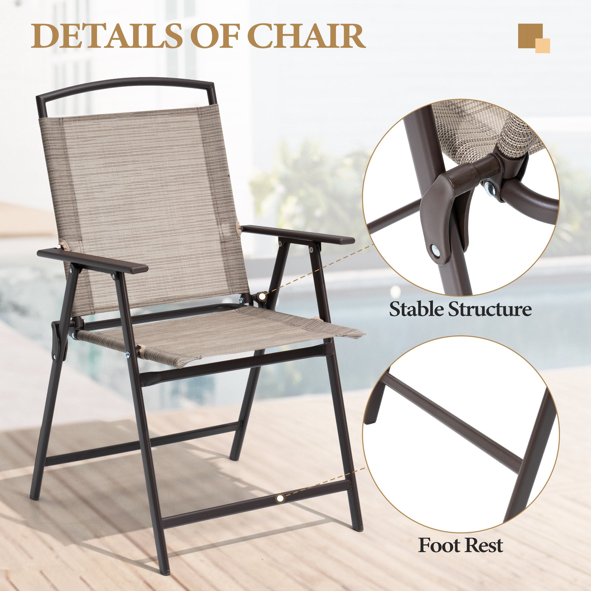 Outdoor folding dining chair detail showing stable structure and footrest