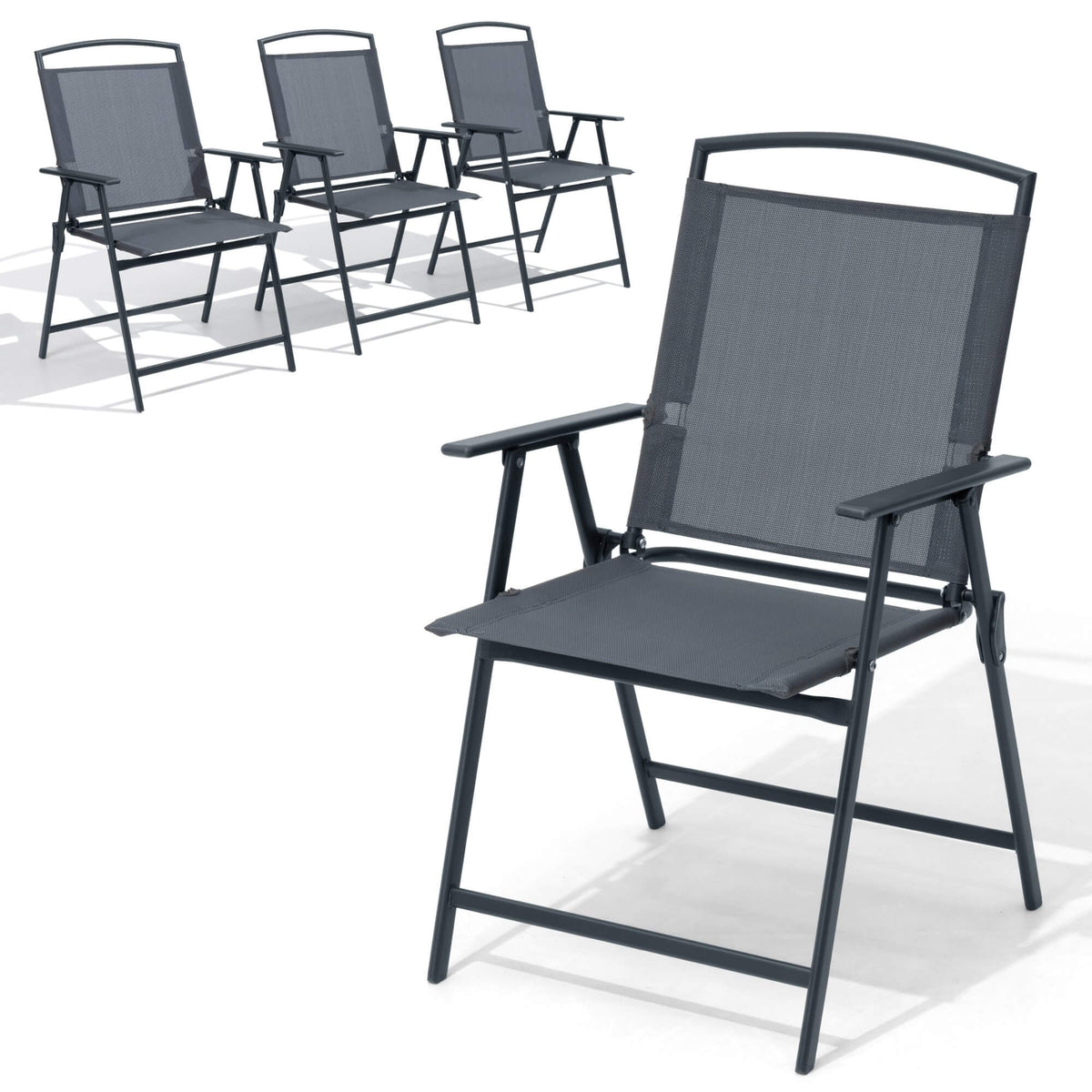 Studio shot of steel folding outdoor dining chair set of 4 with Textilene in dark gray on white background.