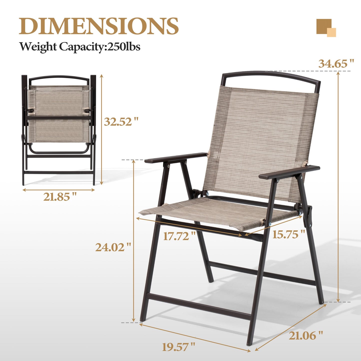 Crestlive Products Set of 2 Patio Dining Chairs, Outdoor Folding Chairs Portable Sling Recliner with Armrest