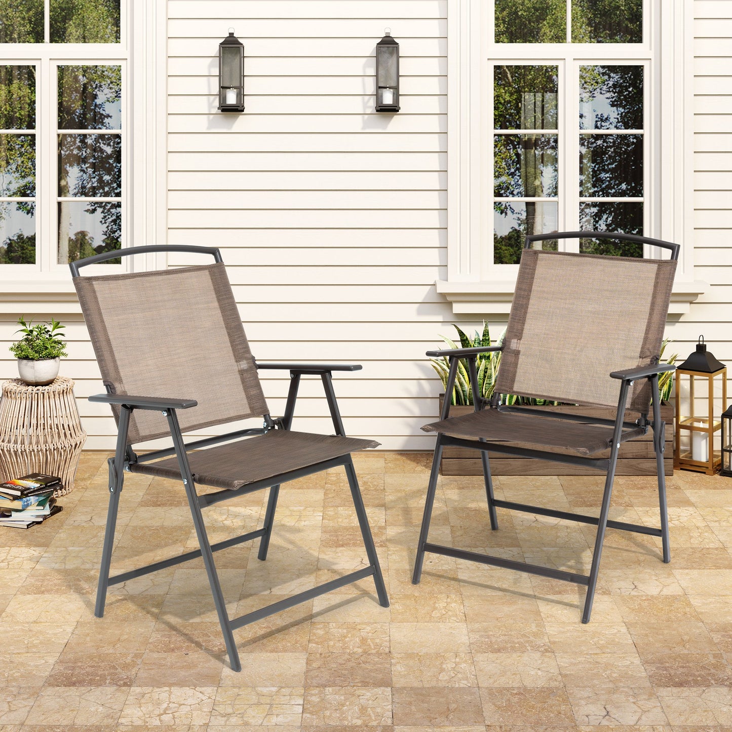 Crestlive Products Set of 2 Patio Dining Chairs, Outdoor Folding Chairs Portable Sling Recliner with Armrest