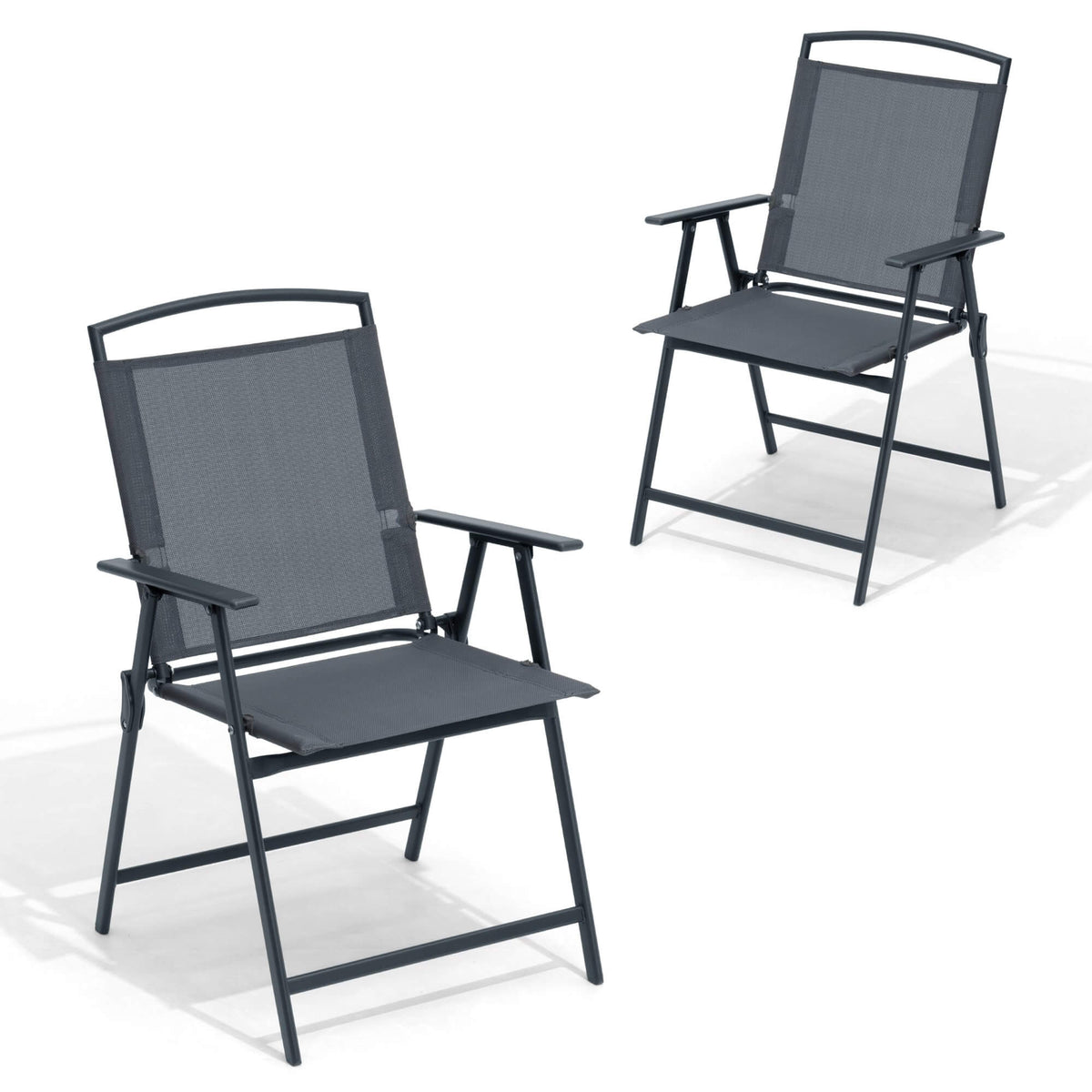 Black folding patio dining chair set of 2 with breathable Textilene fabric.