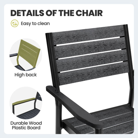 Outdoor aluminum dining chair close-up highlighting high back and easy-to-clean WPC seat