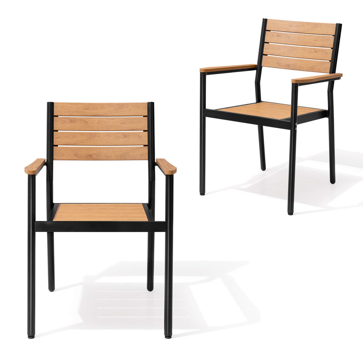 Studio shot of teak-finish aluminum stackable outdoor dining chairs on white background.