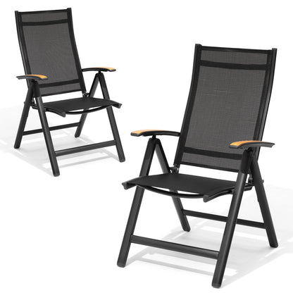Crestlive Products Outdoor Adjustable Aluminum Folding Chairs Set of 2 Black Metal Frame Stationary Dining Chair with Black Mesh Seat