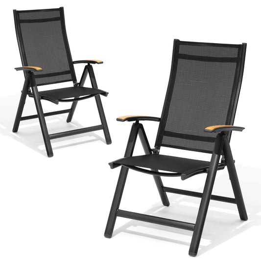 Crestlive Products Outdoor Adjustable Aluminum Folding Chairs Set of 2 Black Metal Frame Stationary Dining Chair with Black Mesh Seat