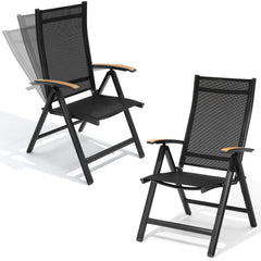 Aluminum Folding Outdoor Dining Chair Set of 2 with Textilene & Teak