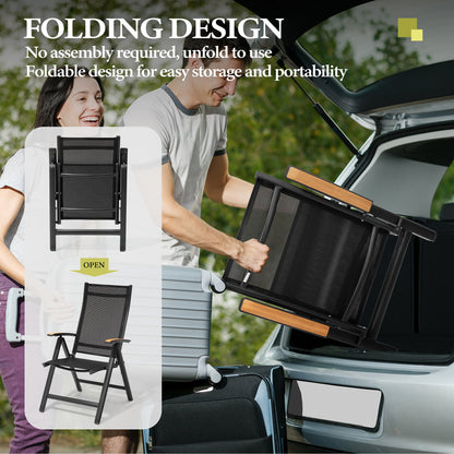 Crestlive Products Outdoor Adjustable Aluminum Folding Chairs Set of 2 Black Metal Frame Stationary Dining Chair with Black Mesh Seat