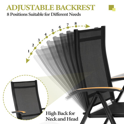 Crestlive Products Outdoor Adjustable Aluminum Folding Chairs Set of 2 Black Metal Frame Stationary Dining Chair with Black Mesh Seat