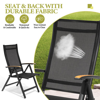Crestlive Products Outdoor Adjustable Aluminum Folding Chairs Set of 2 Black Metal Frame Stationary Dining Chair with Black Mesh Seat