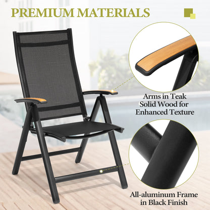 Crestlive Products Outdoor Adjustable Aluminum Folding Chairs Set of 2 Black Metal Frame Stationary Dining Chair with Black Mesh Seat