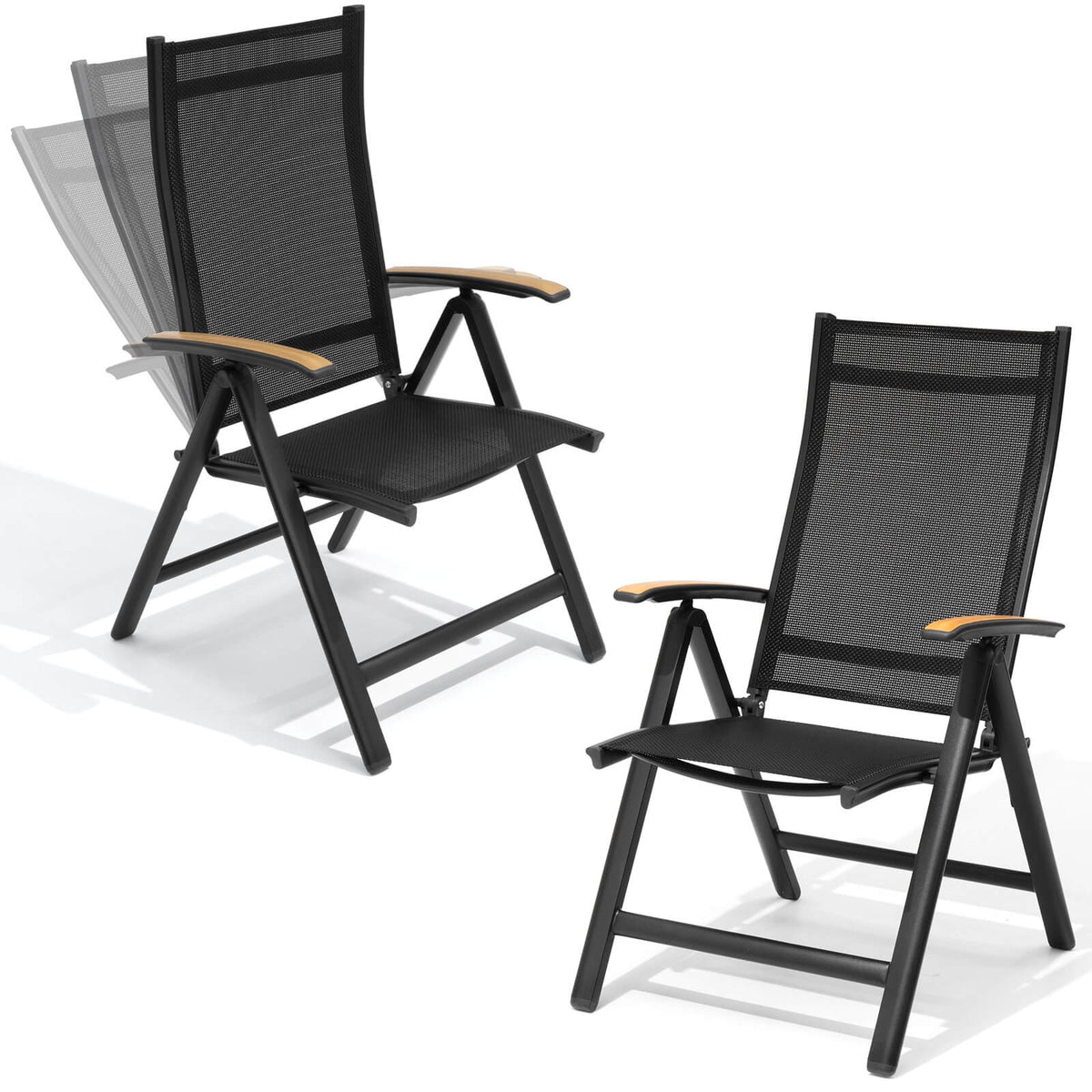 Aluminum Folding Outdoor Dining Chair Set of 2 with Textilene & Teak