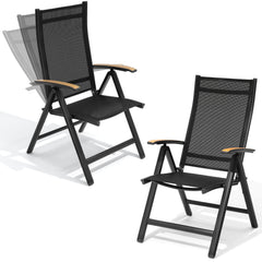 Aluminum Folding Outdoor Dining Chair Set of 2 with Textilene & Teak