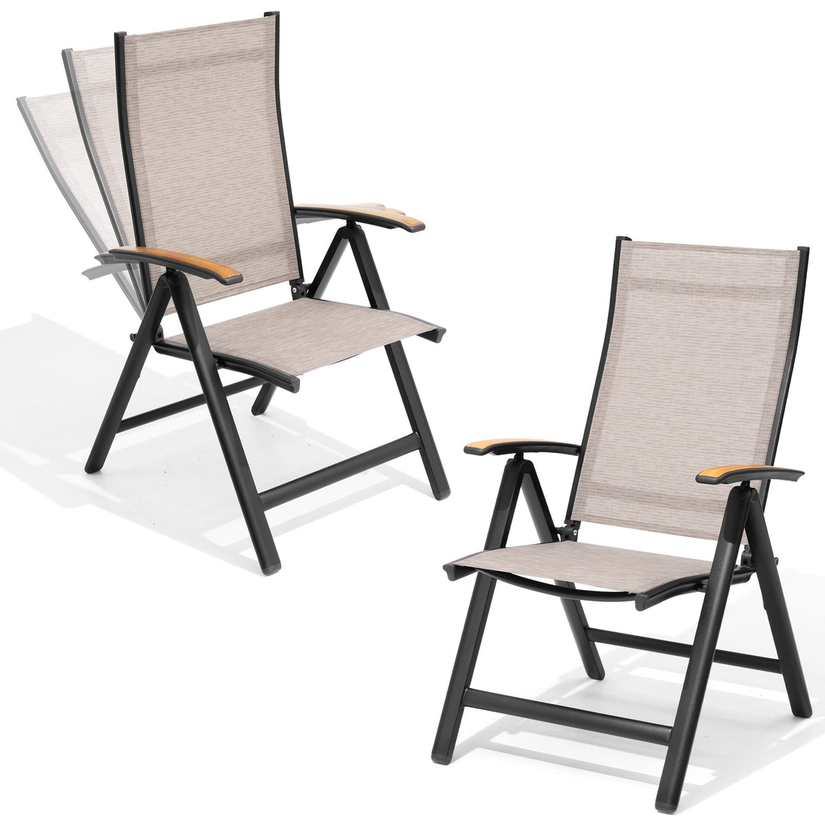 Aluminum Folding Outdoor Dining Chair Set of 2 with Textilene & Teak